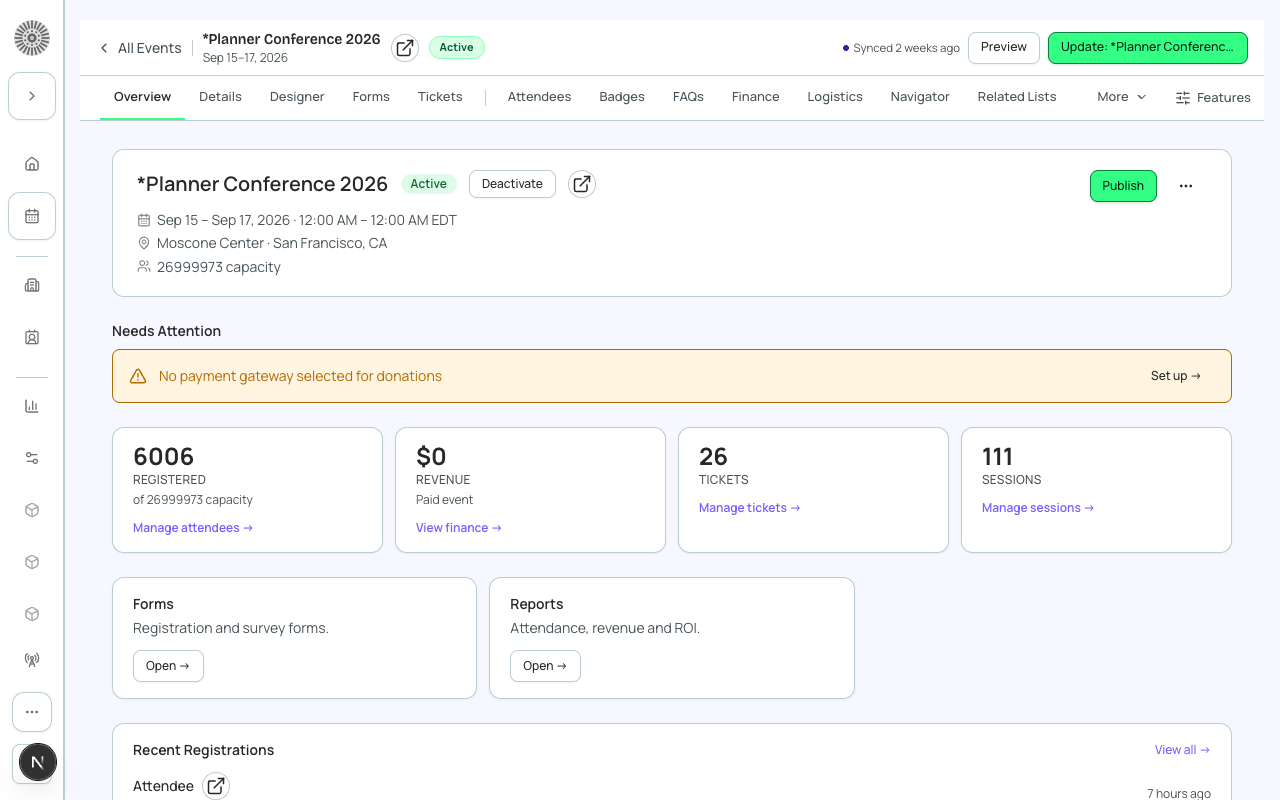 The event Overview tab shows status, registration link, and live attendee counts.