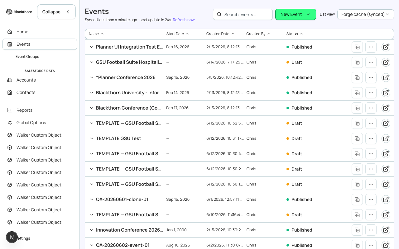 The global Events list, showing event cards with status badges, registration counts, and quick-action menus.